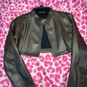 SHEIN Dark Brown Leather Cropped Jacket